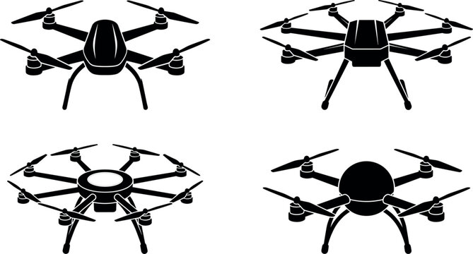 Unmanned aerial vehicle vector silhouette icon set featuring quadcopters, hexacopters, and octocopters isolated on white background. 🛸