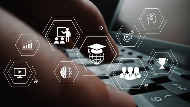 Creative Education and Online Learning Concept with Digital Icons on Computer Keyboard Focusing on Knowledge Development and Growth Strategies Gluon.