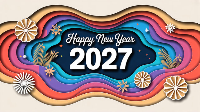 Abstract paper cut background with layered wavy shapes in vibrant colors featuring artistic botanical decorations for celebration of happy new year 2027.