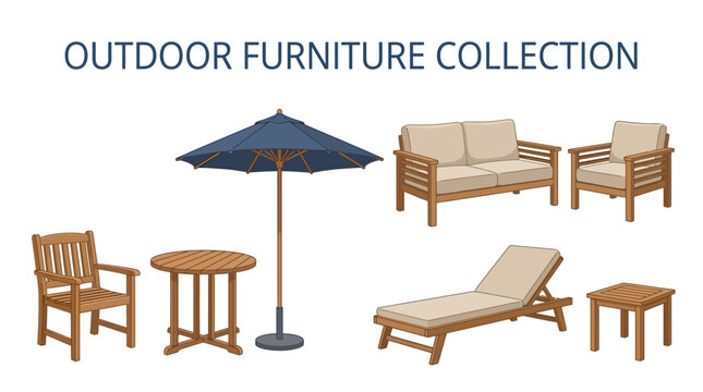 Outdoor furniture vector collection of wooden patio sets and lounge chairs