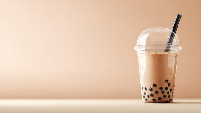 Iced milk tea with tapioca pearls in a plastic cup with a straw on tan