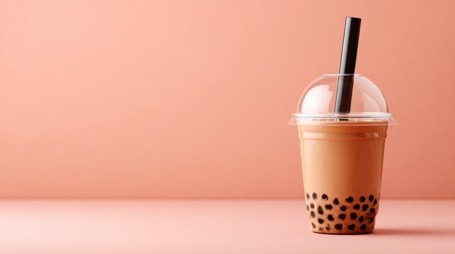 Boba drink in a clear plastic cup, with straw and tapioca pearls, against a salmon pink background