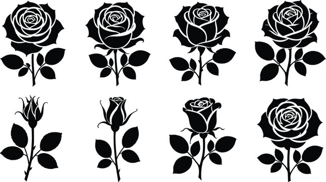 Black rose silhouette flowers collection with elegant blooming buds stems and leaves for romantic tattoo design elements