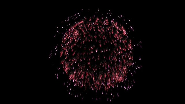 Fireworks display explodes in a brilliant crimson sphere against the deep dark night sky, creating a stunning visual spectacle of light and motion that captures the essence of a festive celebration.