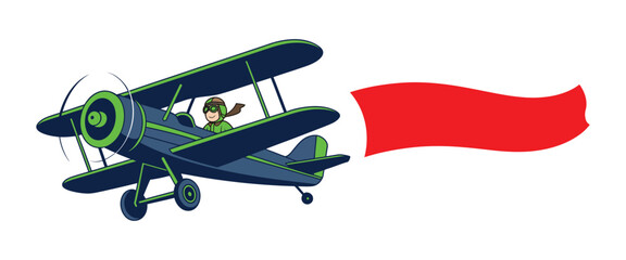 Vintage Biplane with Pilot and Trailing Banner Featuring Flat Cartoon Style and Editable Vector Illustration. © RIFAT03