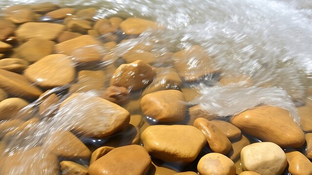 Smooth river stones jostled by fast-flowing clear water in a shallow stream.
