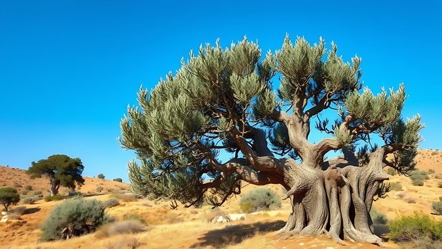 Ancient gnarled olive tree on a sunlit Greek hillside with textured bark.