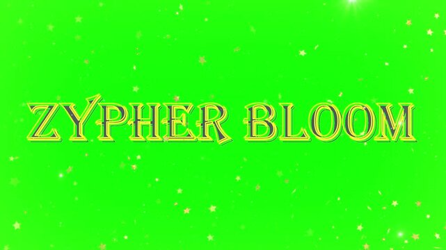 Zypher Bloom typography features a stylized golden wordmark floating over a vivid green screen surface with soft glittery particles that provide a clean base for various creative video applications.