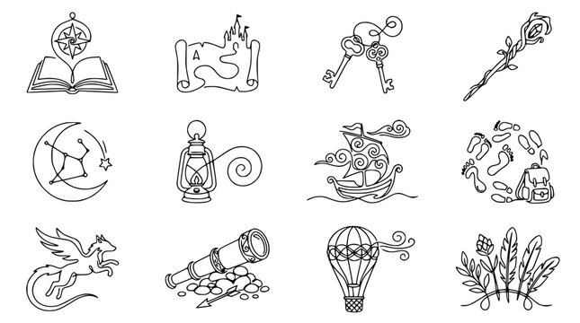 Fantasy Adventure Icons: Open Book, Map, Keys, Staff, Ship, Dragon, Telescope