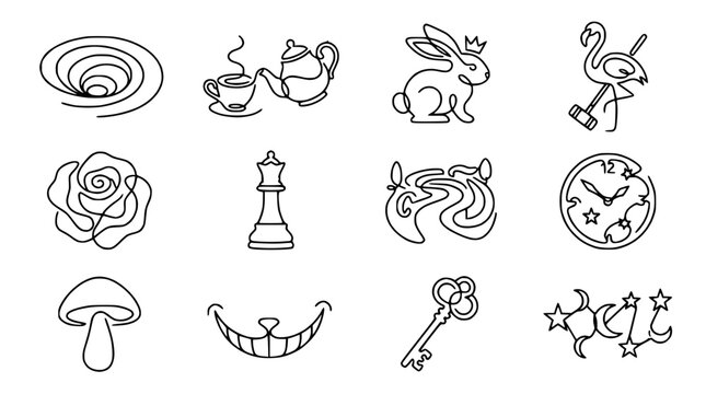 Alice in Wonderland Icons: Rabbit Hole, Tea, Queen, Flamingo, Rose, Chess, River, Clock, Mushroom, Smile, Key