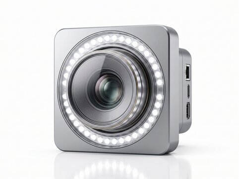 A modern dashcam with LED lights, a sleek metallic body, and a prominent lens. 