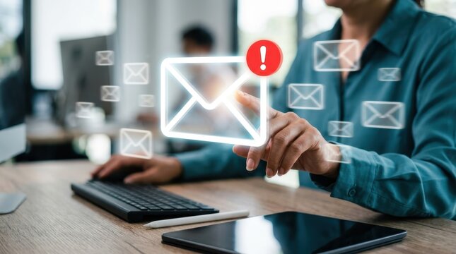 Modern office employee interacts with digital email icons featuring a red alert notification mark on a virtual interface for efficient communication and business messaging systems across networks now.