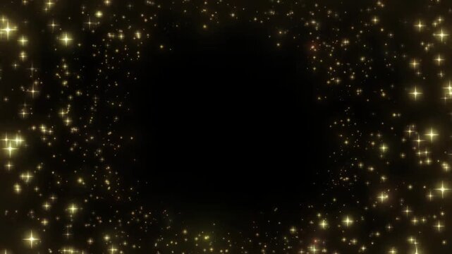 Golden stars swirl in a circular frame against a dark background to create an elegant border effect for luxury media and festive presentations.