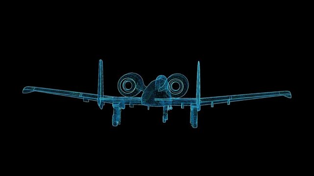 Detailed 3D HUD wireframe attack aircraft with 360-degree rotation, futuristic holographic blueprint for aviation and military visualization.