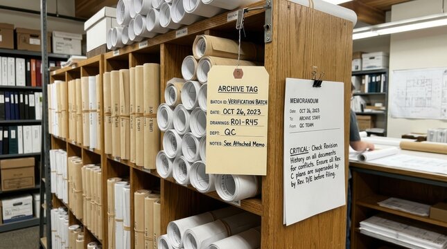 Organized architectural blueprints and engineering rolls sit on wooden shelves in a professional archive facility with descriptive yellow tags and