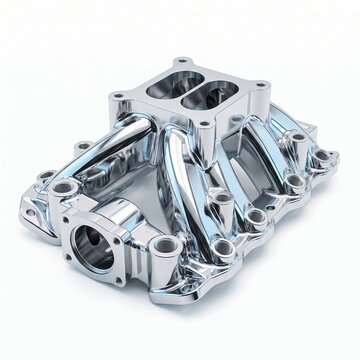 Polished chrome intake manifold with intricate detailing. 