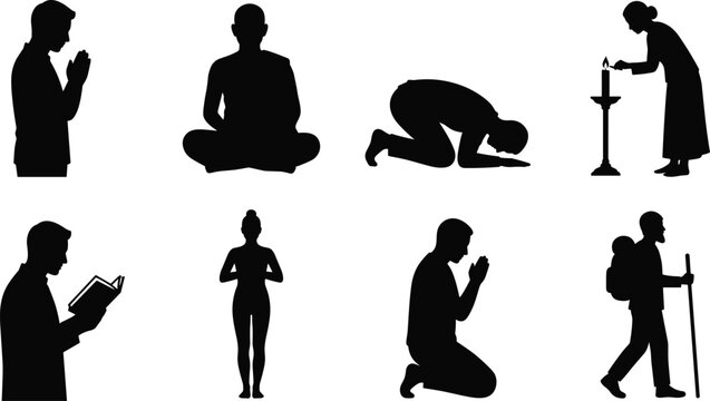Silhouettes of people engaged in spiritual and meditative practices including prayer, meditation, candle lighting, reading, and pilgrimage