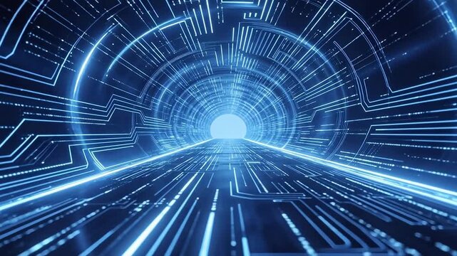 Futuristic circuit tunnel with glowing lines