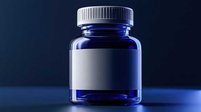 Two transparent blue medicinal glass bottles with white threaded caps on dark reflective surface, blank label supplement bottle packaging 3D promotional PPT design material