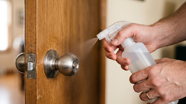 Person spraying disinfectant cleaner onto a silver doorknob on a wooden door