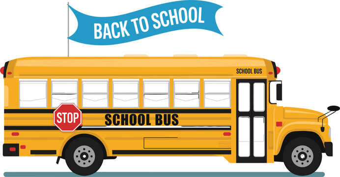 Classic yellow school bus vector illustration with blue back to school ribbon banner and red stop sign
