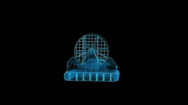 Futuristic 3D HUD wireframe hovercraft with seamless 360-degree rotation and glowing holographic blueprint visualization.