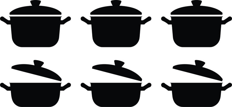 Cooking pot silhouette icon set showing closed kitchen saucepans and metallic casseroles with open boiling lids