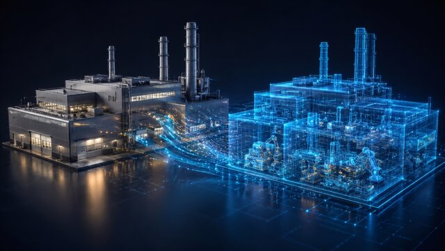 Digital twin technology concept with 3D rendered industrial factory and holographic overlay