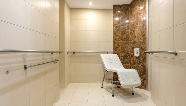 Accessible restroom with shower seat, grab bars, and tiled walls
