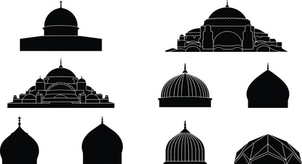 Set of black silhouette mosque domes and architectural building structures for Islamic cultural and religious graphic design © MDMORSALIN