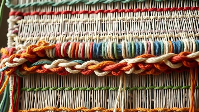 Woven tapestry with colorful threads, each color representing different storylines.