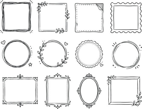 Hand drawn frames. Doodle square border, simple vintage picture frame, scrapbook photo circle decoration. Line sketch vignette, scribble stroke mirror, photoframe. Vector set