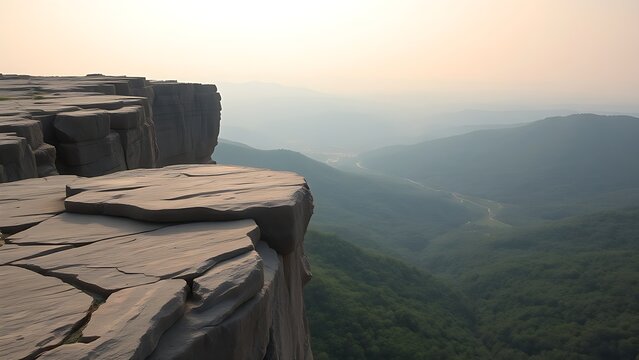 A flat rock platform at a cliff's edge overlooking a vast green valley.