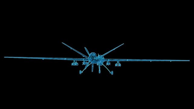 Advanced 3D HUD wireframe military drone featuring seamless 360-degree rotation and holographic blueprint visualization.