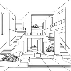 Fototapeta premium Architectural Abstract Coloring Pages for Adults | Modern Geometric Buildings, Futuristic Architecture, Impossible Structures, Parametric Design, Brutalist Forms, Contemporary Line Art, Optical Illusi