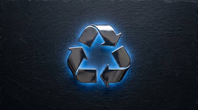 Metallic recycling symbol glowing with blue light on dark slate surface