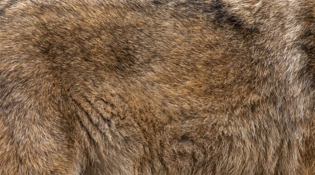 Close-up of thick brown wolf fur texture. Realistic animal pelt with natural coarse hair strands for design projects.