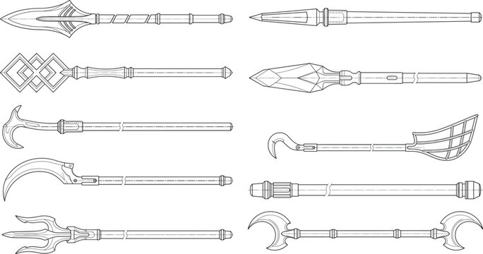 Fantasy Polearm Weapon Outline Collection with Spear Axe Trident and Halberd Line Art Vector Set