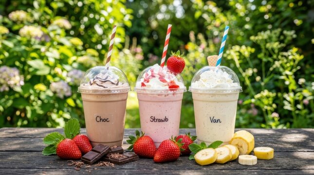 Delicious trio of milkshakes featuring chocolate strawberry and vanilla flavors topped with whipped cream and fresh fruit on a rustic wooden table in a sunny garden ideal for refreshing summer