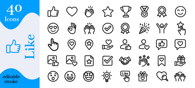 Like and Rating Line Icon Set, Social Media Symbols with Editable Stroke