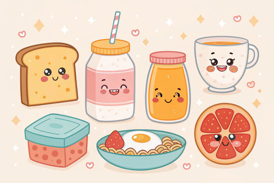 Cute kawaii hand-drawn pastel sticker illustration of happy breakfast foods including toast, jam jar, butter, fried egg, milk carton, cereal bowl, and orange juice, rosy cheeks, pastel colors.