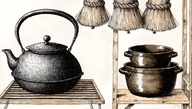 Vintage Asian Kitchen Utensils with Cast Iron Kettle, Straw Brooms, and Clay Pots Illustration