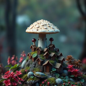Mushroom tree's rounded cap supports a community of tiny eggplant-hued houses, || whimsical, miniature