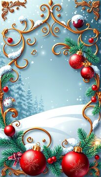 Ornate Winter Holidays Greeting Card - Swirl Frame with Reindeer and Ornaments, ||ornate, holidays