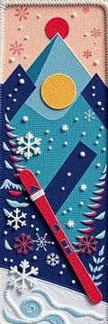 Retro-style ski patch with geometric shapes and snowflakes, pattern, vintage