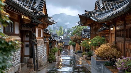 Obraz premium Traditional Korean Hanok Village in Peaceful Neighborhood Showcasing Heritage Architecture and Scenic Views