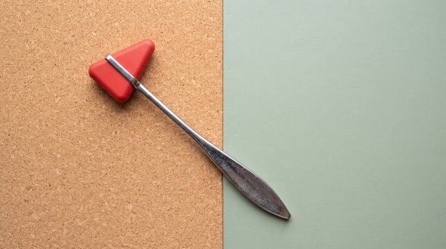 Medical reflex hammer with a red triangular head on a split cork and green background