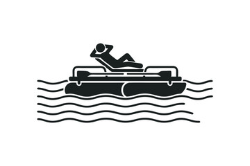 Minimal monochrome vector illustration of a person reclining on a pontoon boat, black silhouette, flat icon design © Faridzdesign