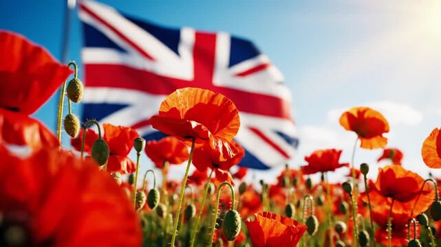 Red poppies in field with blurred United Kingdom flag