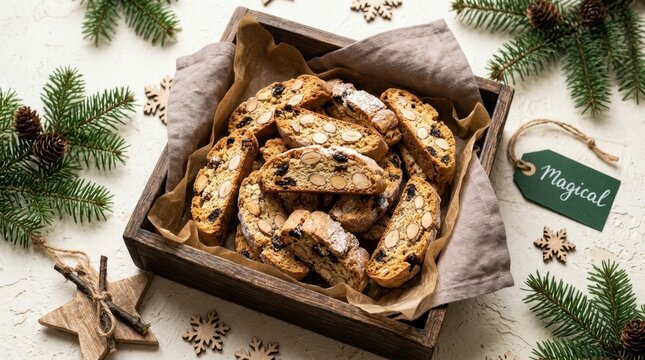 Traditional Italian biscotti cantucci with almonds and raisins served in a rustic wooden box surrounded by festive Christmas decorations pine branches cones and snowflakes on a bright textured